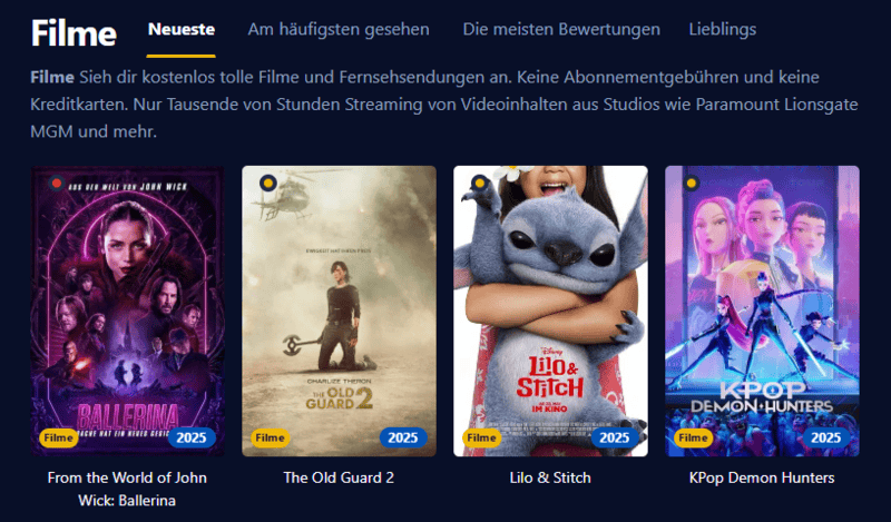 Screenshot der Filmpalast-Oberfläche die verschiedene Filmtitel und Serienfolgen zeigt
